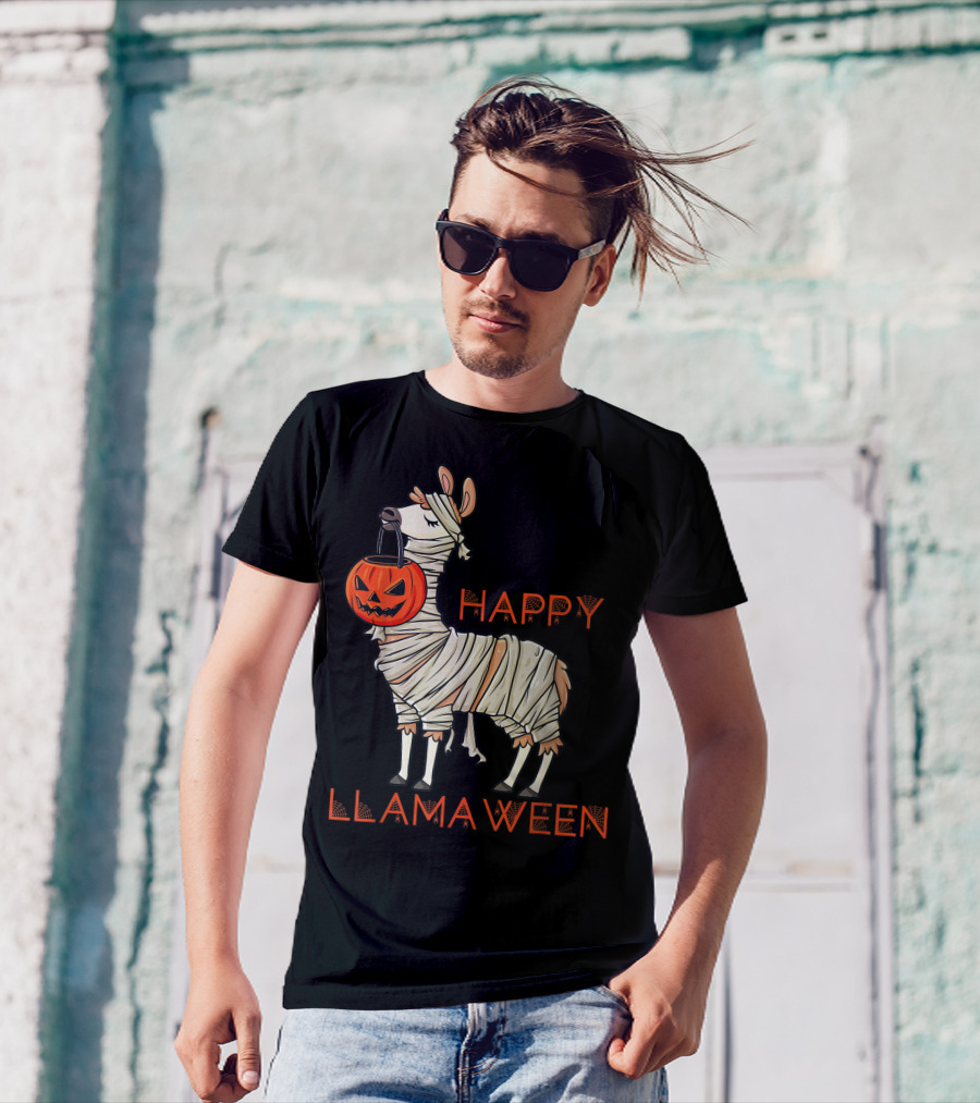 Halloween Llama Mummy Holding Pumpkin Happy Llamaween T-Shirt