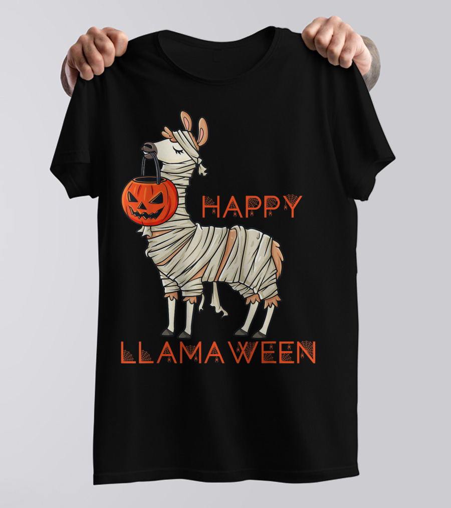 Halloween Llama Mummy Holding Pumpkin Happy Llamaween T-Shirt