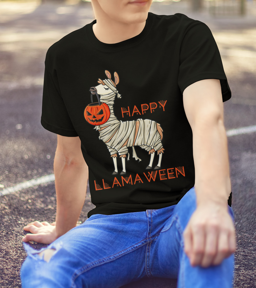 Halloween Llama Mummy Holding Pumpkin Happy Llamaween T-Shirt
