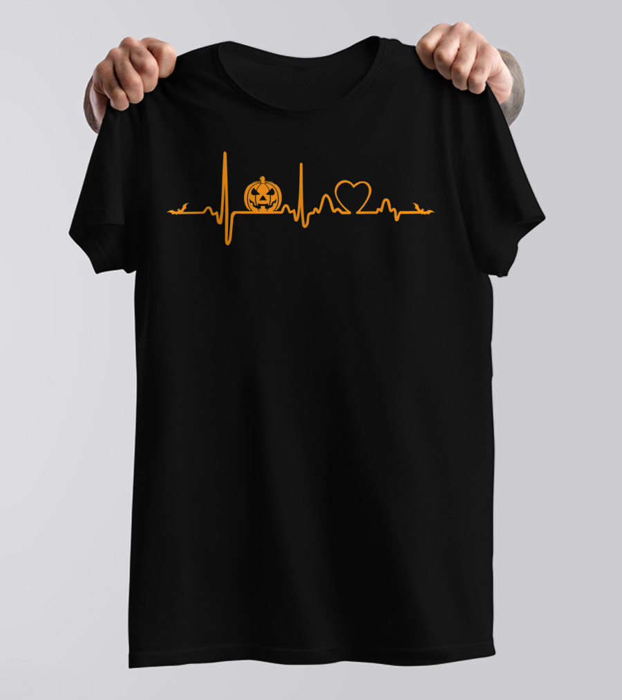 Pumpkin Heartbeat Halloween Jack-O'-Lantern Heart Bats T-Shirt