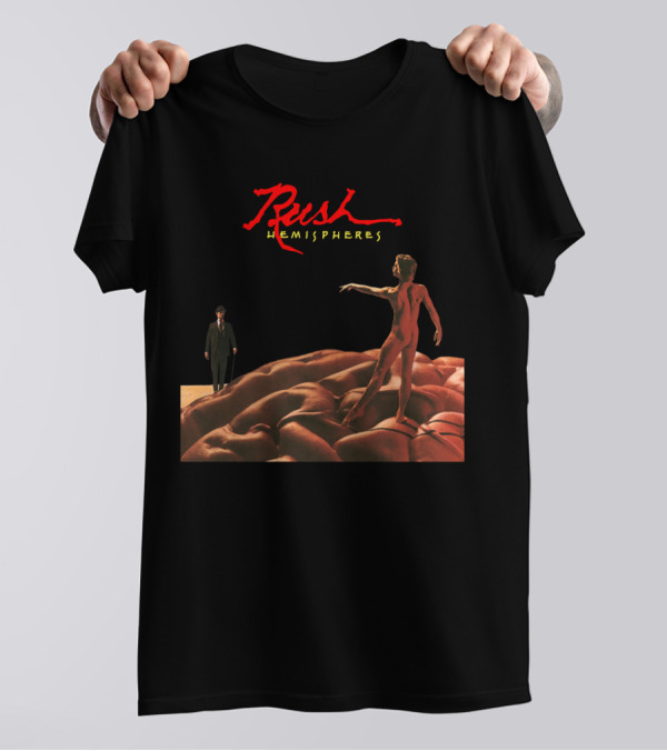 Rush Hemispheres Red Text Nude Figure On Brain With Man In Black Suit T-Shirt