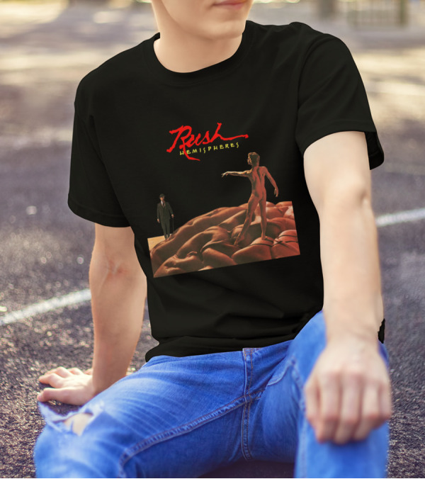Rush Hemispheres Red Text Nude Figure On Brain With Man In Black Suit T-Shirt