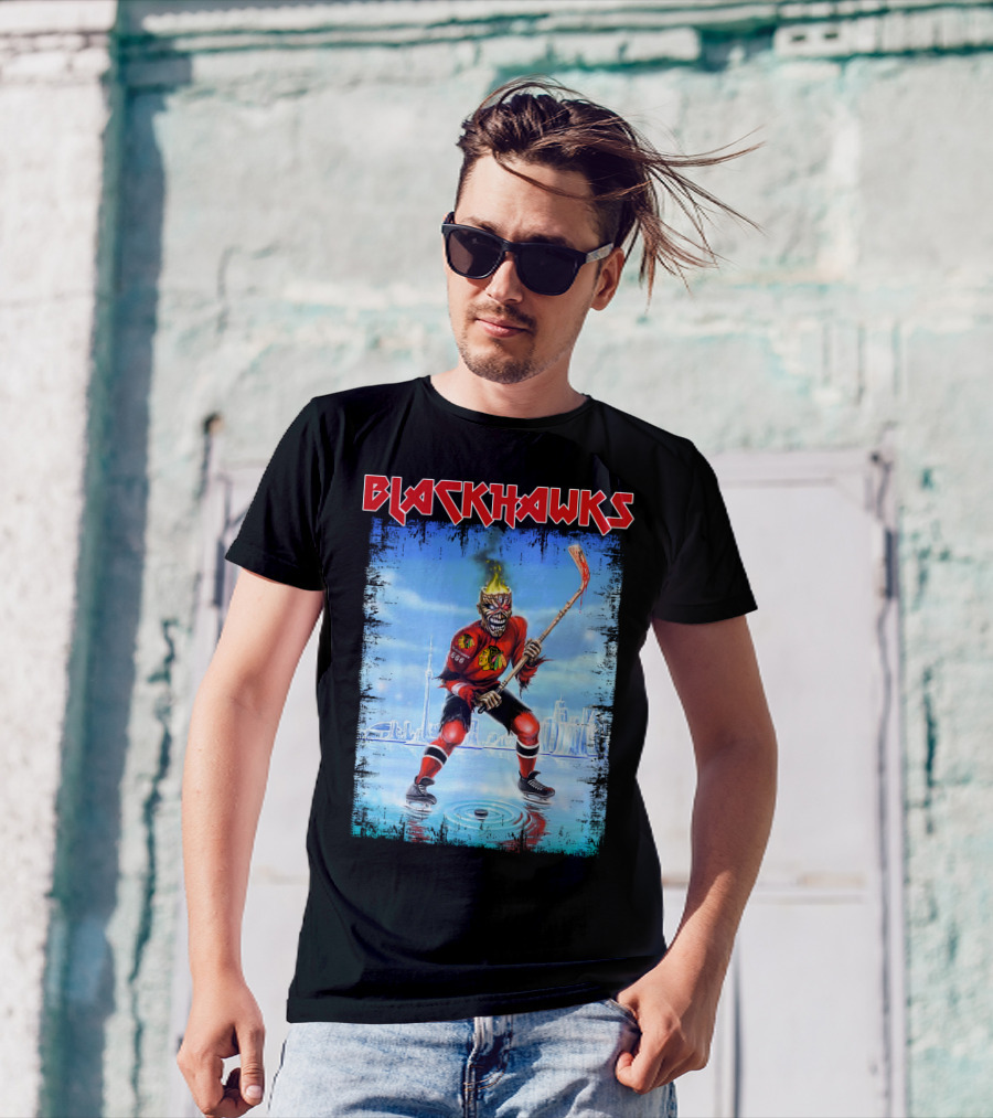 Blackhawks Hockey Player With Fiery Head And Stick T-Shirt