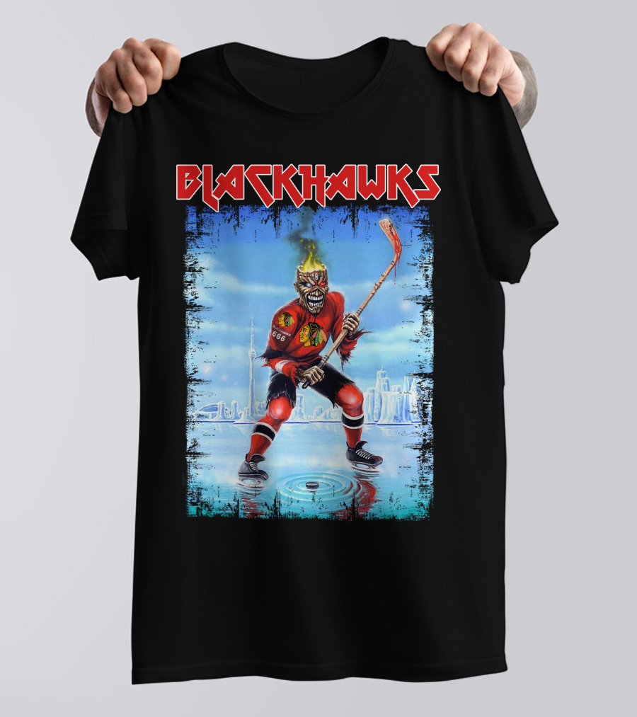 Blackhawks Hockey Player With Fiery Head And Stick T-Shirt