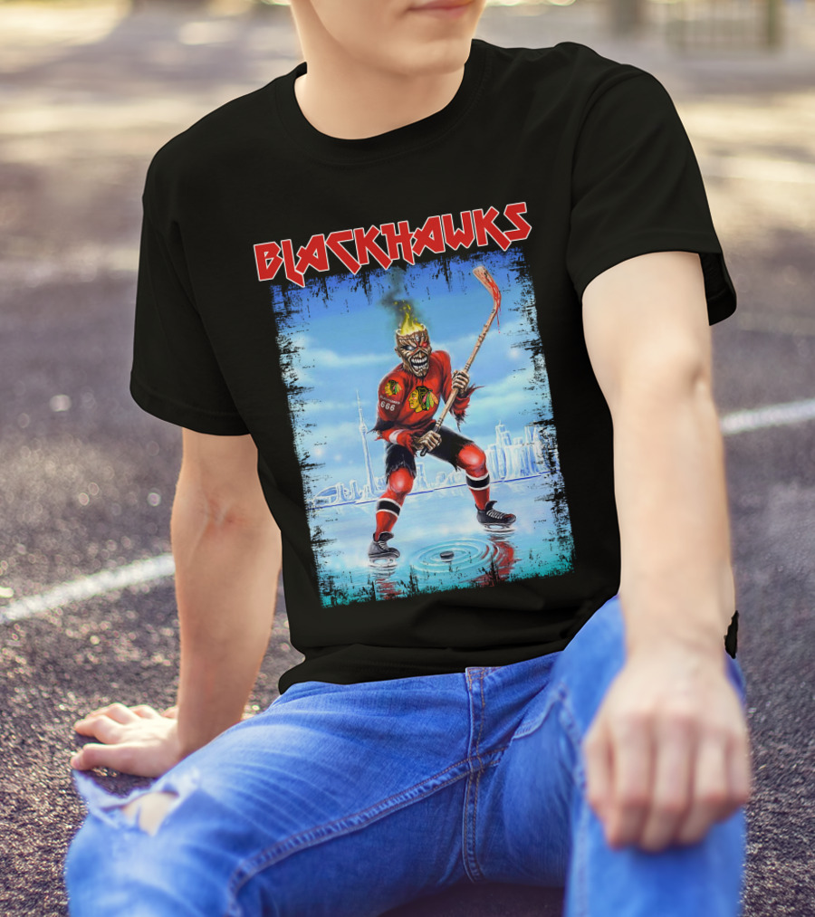Blackhawks Hockey Player With Fiery Head And Stick T-Shirt