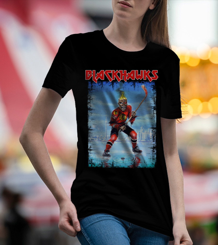 Blackhawks Hockey Player With Fiery Head And Stick T-Shirt
