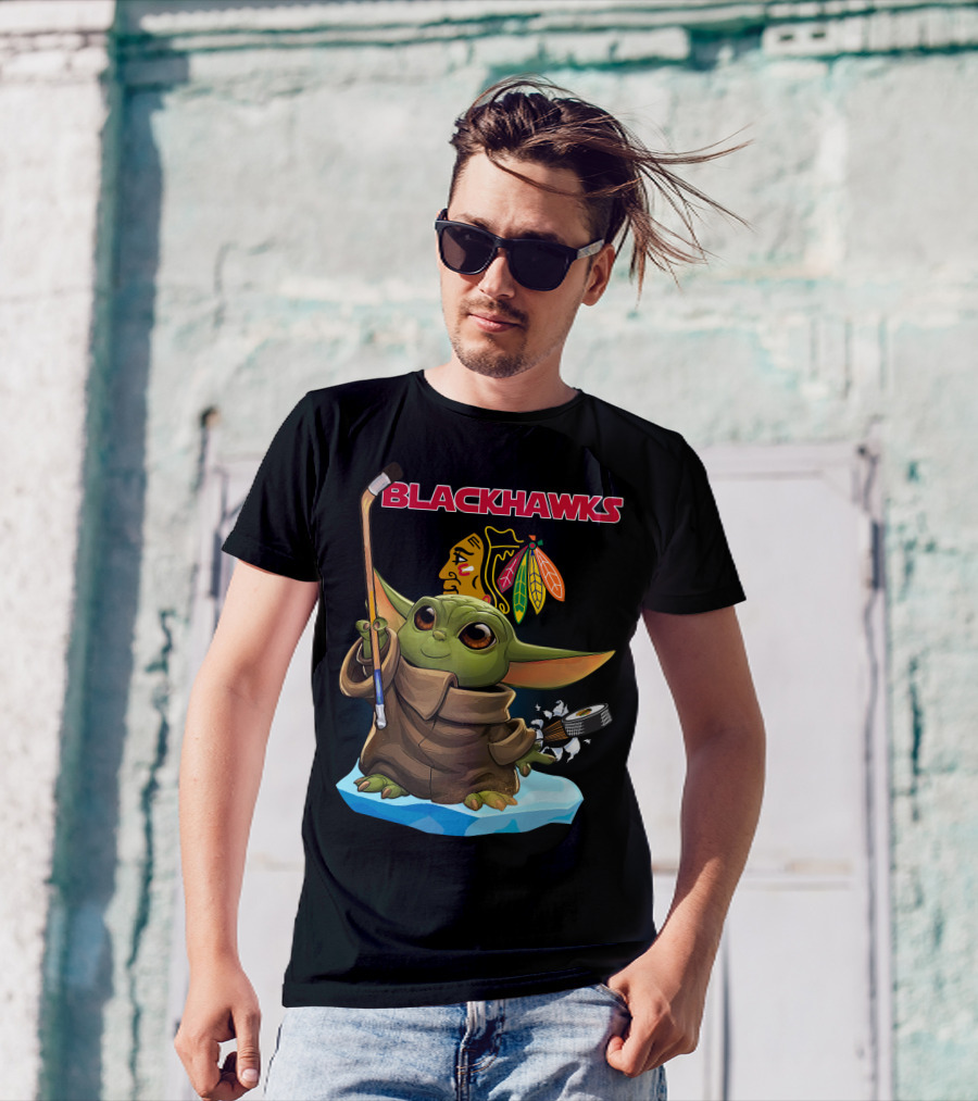 Baby Yoda Blackhawks Hockey Stick And Puck T-Shirt
