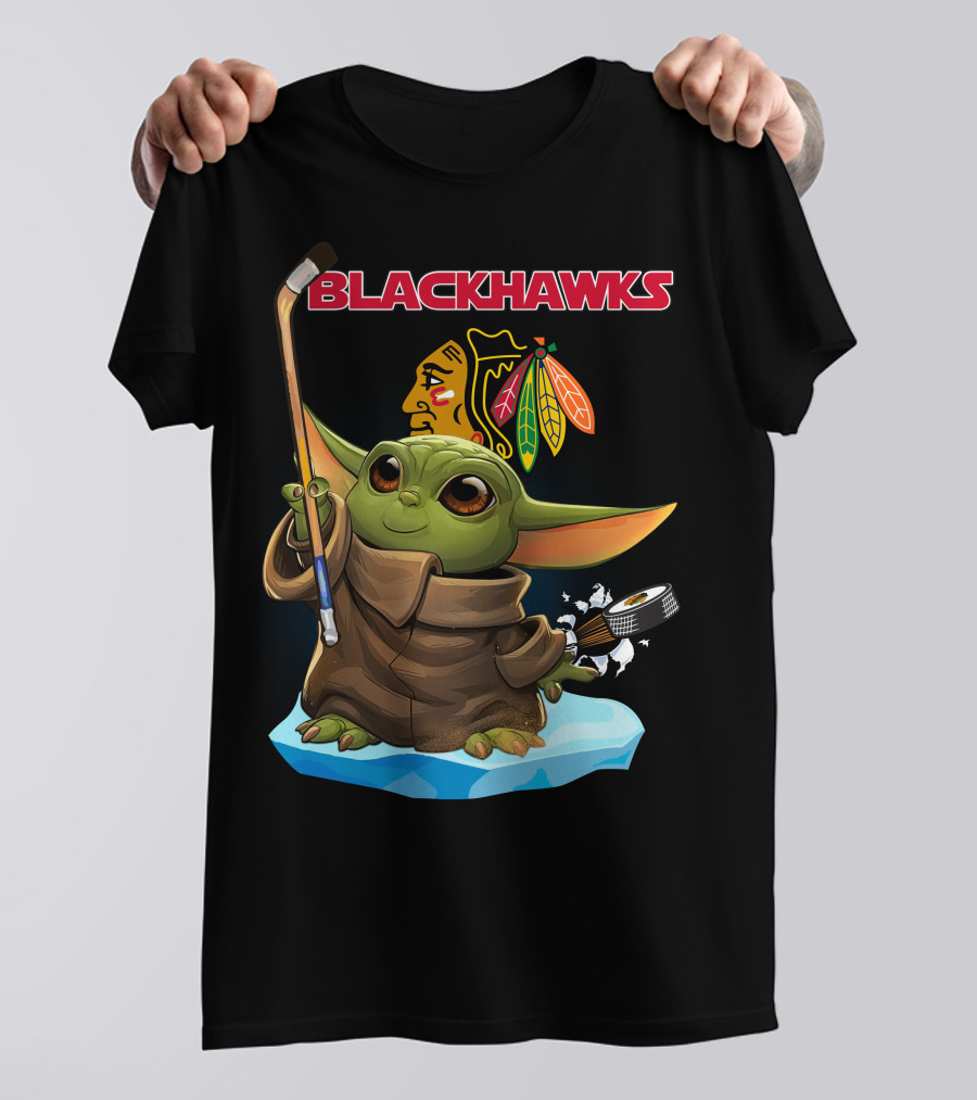 Baby Yoda Blackhawks Hockey Stick And Puck T-Shirt