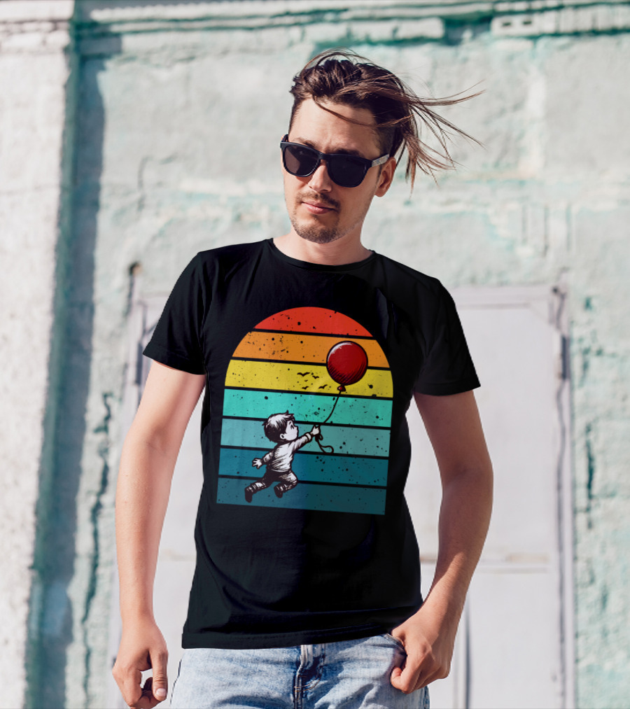 Childhood Nostalgia Boy With Balloon Rainbow Stripes T-Shirt
