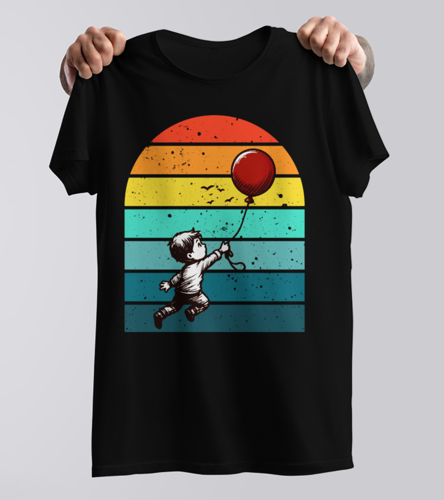 Childhood Nostalgia Boy With Balloon Rainbow Stripes T-Shirt