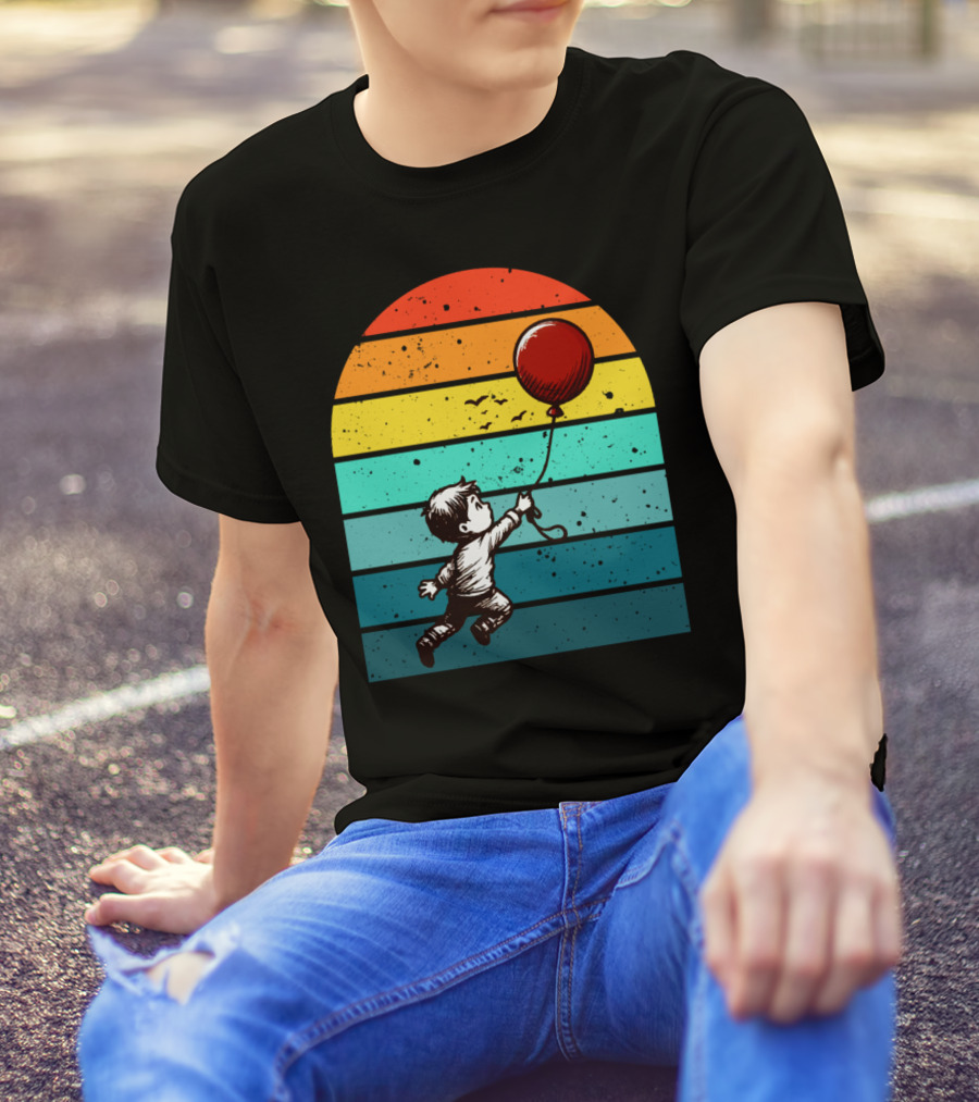 Childhood Nostalgia Boy With Balloon Rainbow Stripes T-Shirt