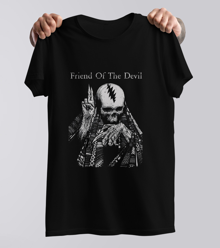 Friend Of The Devil Skeleton With Lightning Bolt Skull T-Shirt