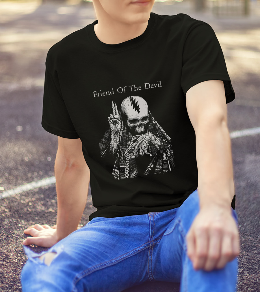 Friend Of The Devil Skeleton With Lightning Bolt Skull T-Shirt