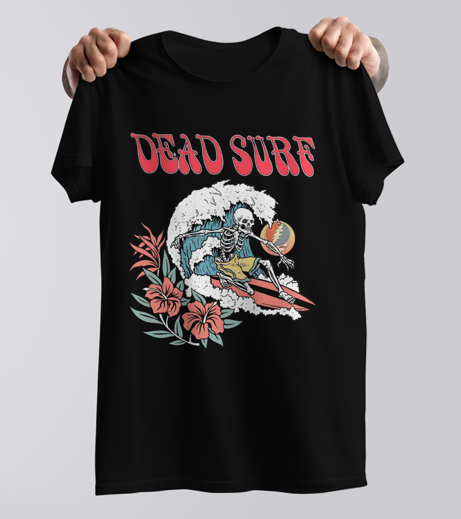 Dead Surf Skeleton Riding Wave With Hibiscus Flowers And Full Moon T-Shirt