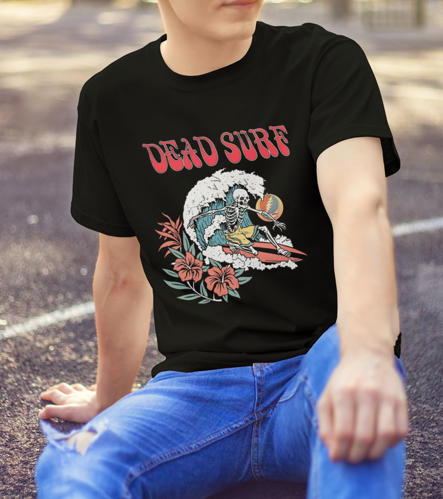 Dead Surf Skeleton Riding Wave With Hibiscus Flowers And Full Moon T-Shirt