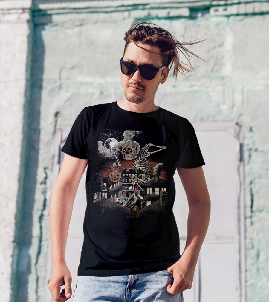 Halloween Skeleton Monster Under Full Moon With Pumpkin Over Houses T-Shirt