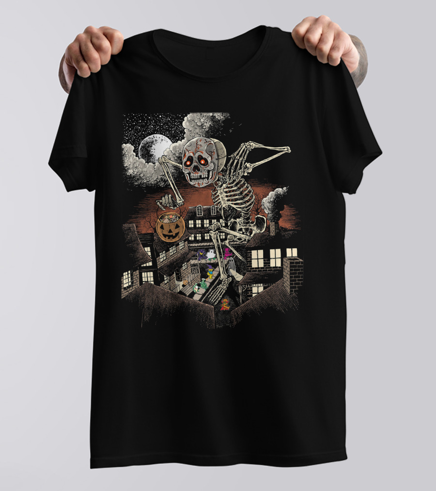 Halloween Skeleton Monster Under Full Moon With Pumpkin Over Houses T-Shirt