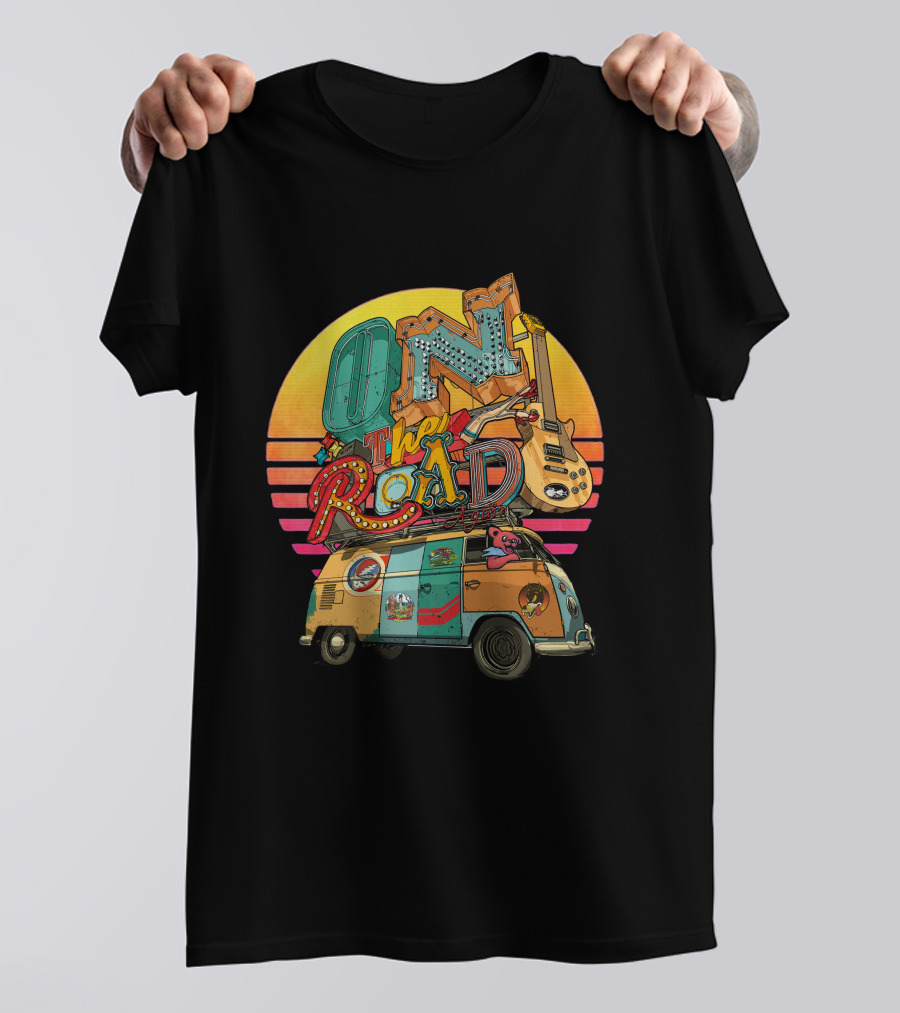 On The Road Retro Sunset Van And Guitar Adventure T-Shirt