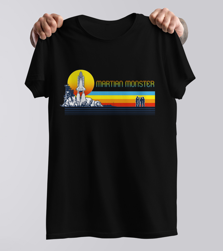 Martian Monster Space Shuttle Launch Rocket Silhouette Retro Sunset T-Shirt
