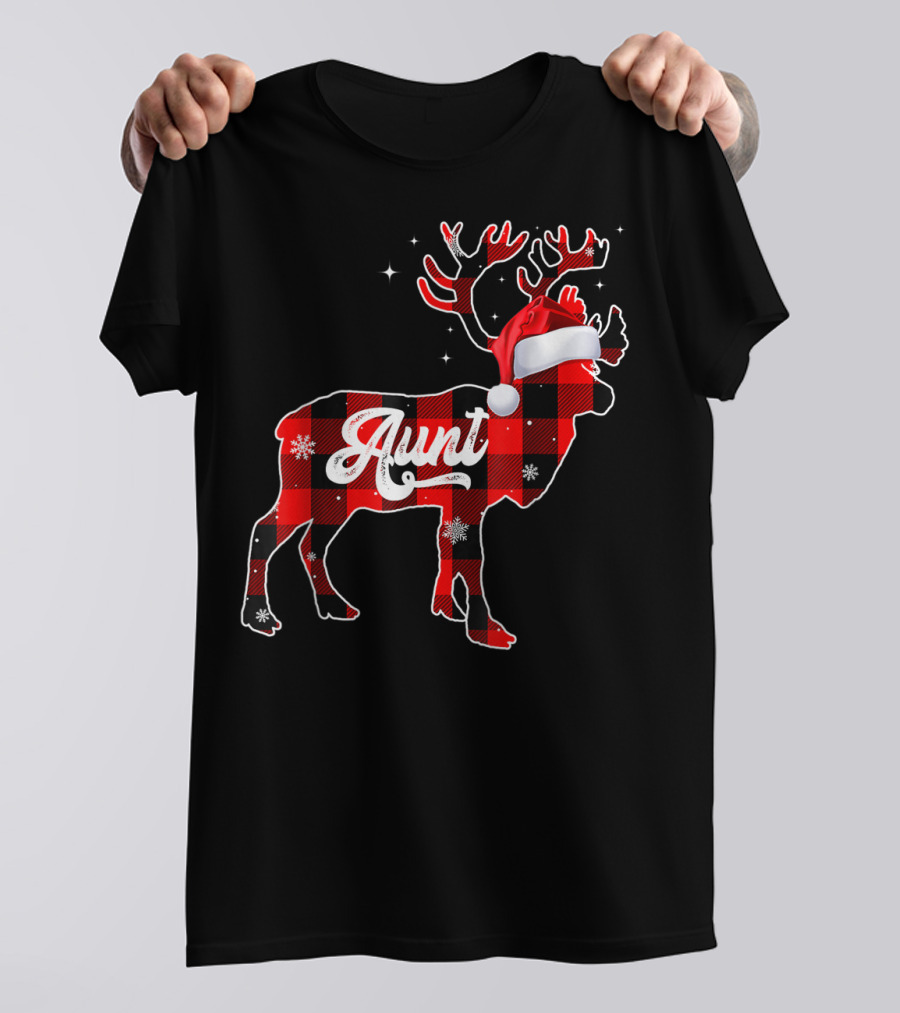 Aunt Deer Christmas Red Plaid Family Matching Santa Hat T-Shirt