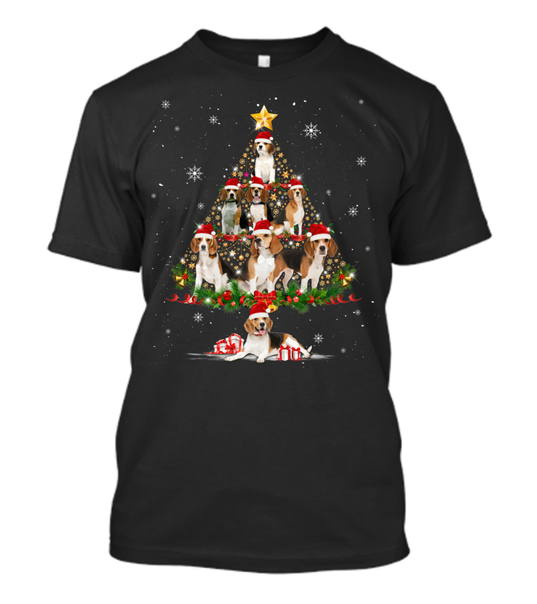 Beagle Christmas Tree With Santa Hat Dogs And Snowflakes T-Shirt