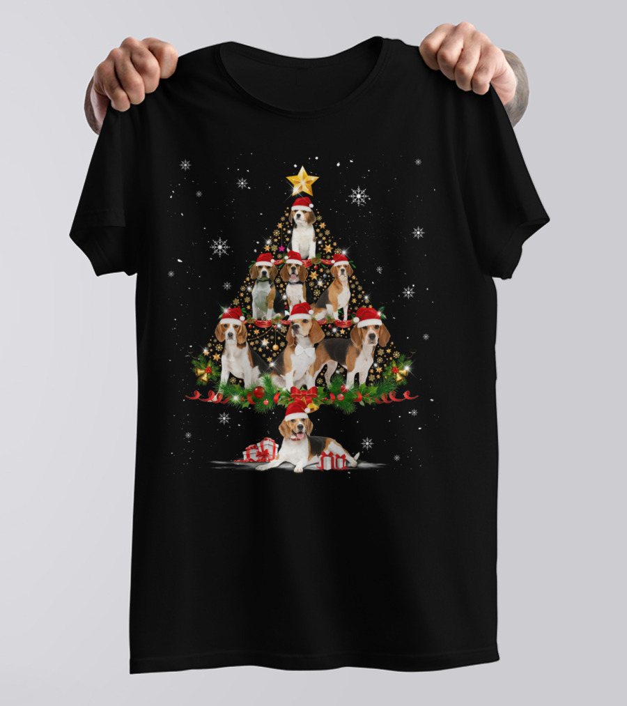 Beagle Christmas Tree With Santa Hat Dogs And Snowflakes T-Shirt