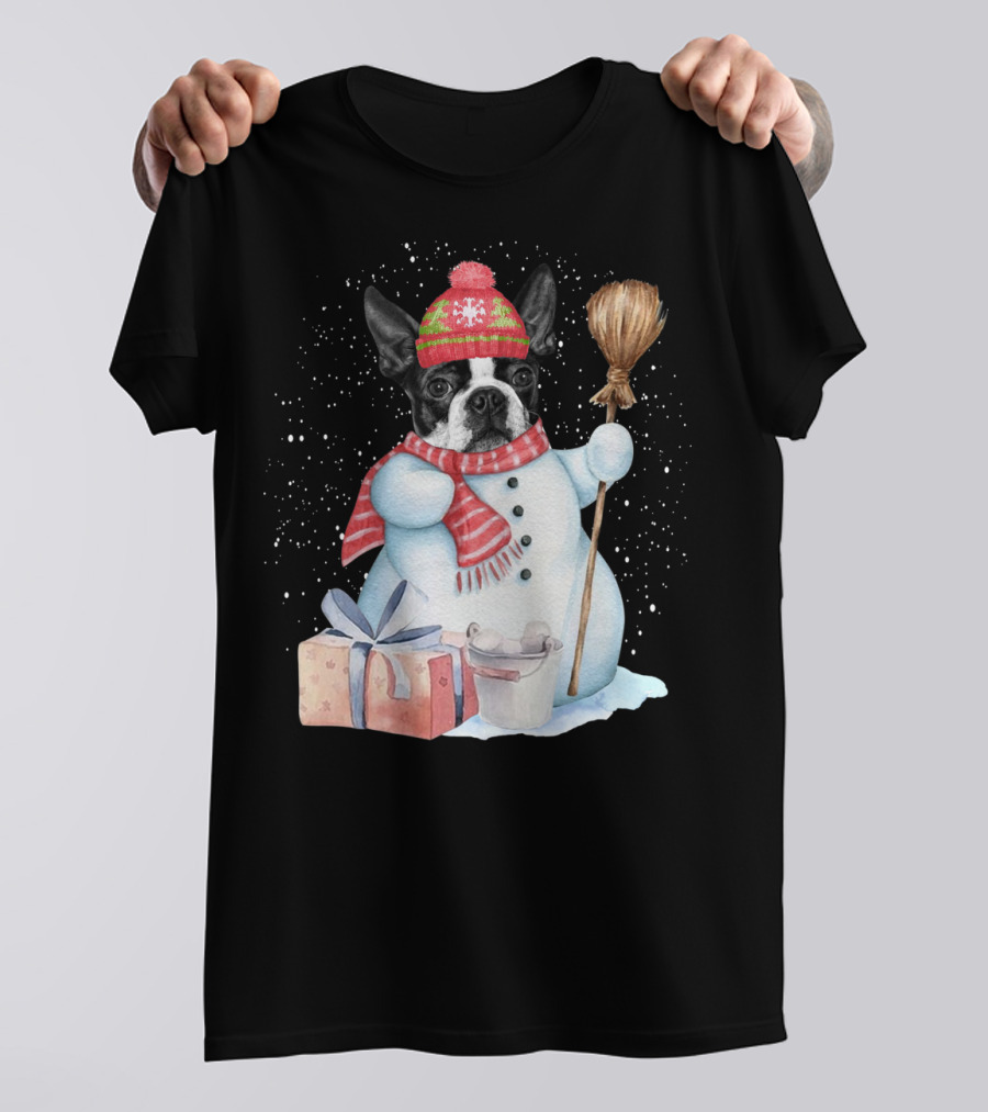 Boston Terrier Snowman In Festive Winter Wonderland T-Shirt