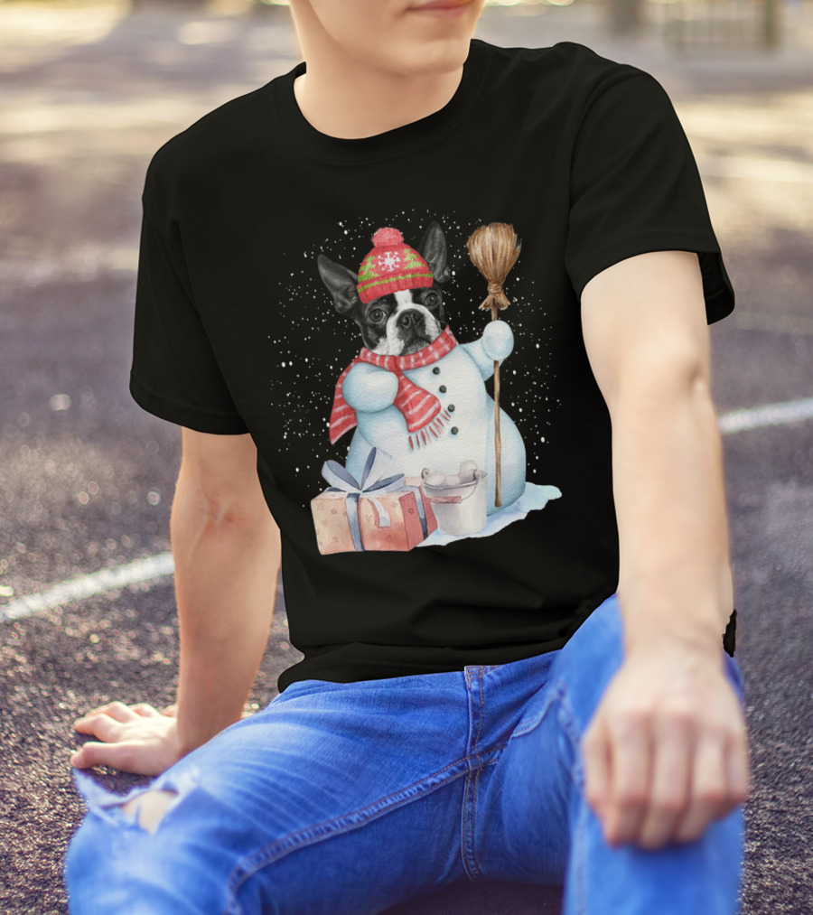 Boston Terrier Snowman In Festive Winter Wonderland T-Shirt