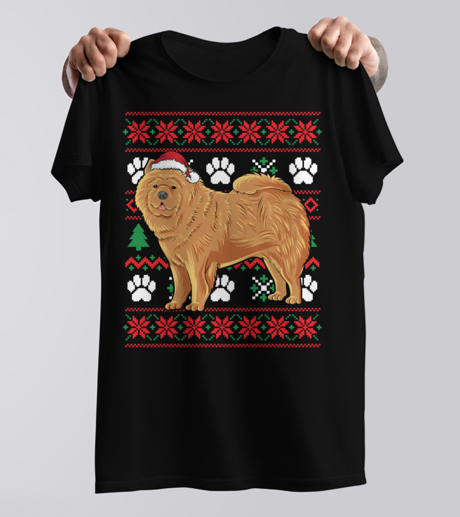 Chow Chow Santa Hat Ugly Christmas With Paw Prints And Snowflakes T-Shirt