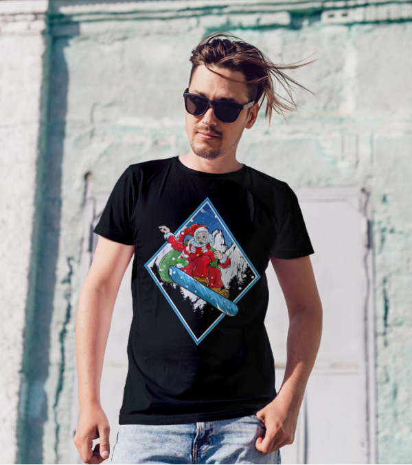 Christmas Santa Snowboarding Adventure In Winter Mountains T-Shirt