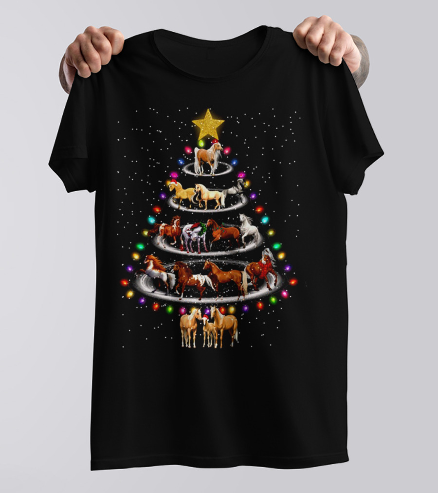 Christmas Tree Horses Christmas Xmas Horses Star Lights T-Shirt