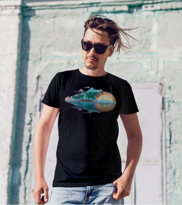 Cool Banjo Mountains Sun Funny Bluegrass Reflections T-Shirt