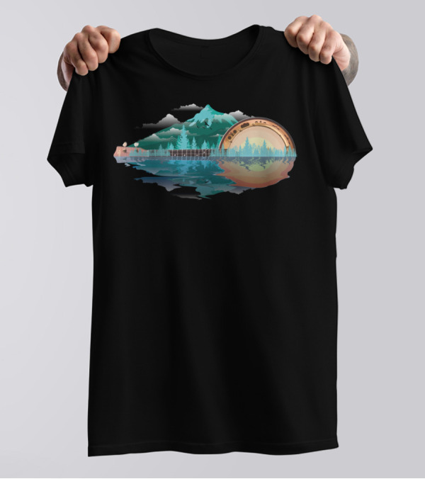 Cool Banjo Mountains Sun Funny Bluegrass Reflections T-Shirt