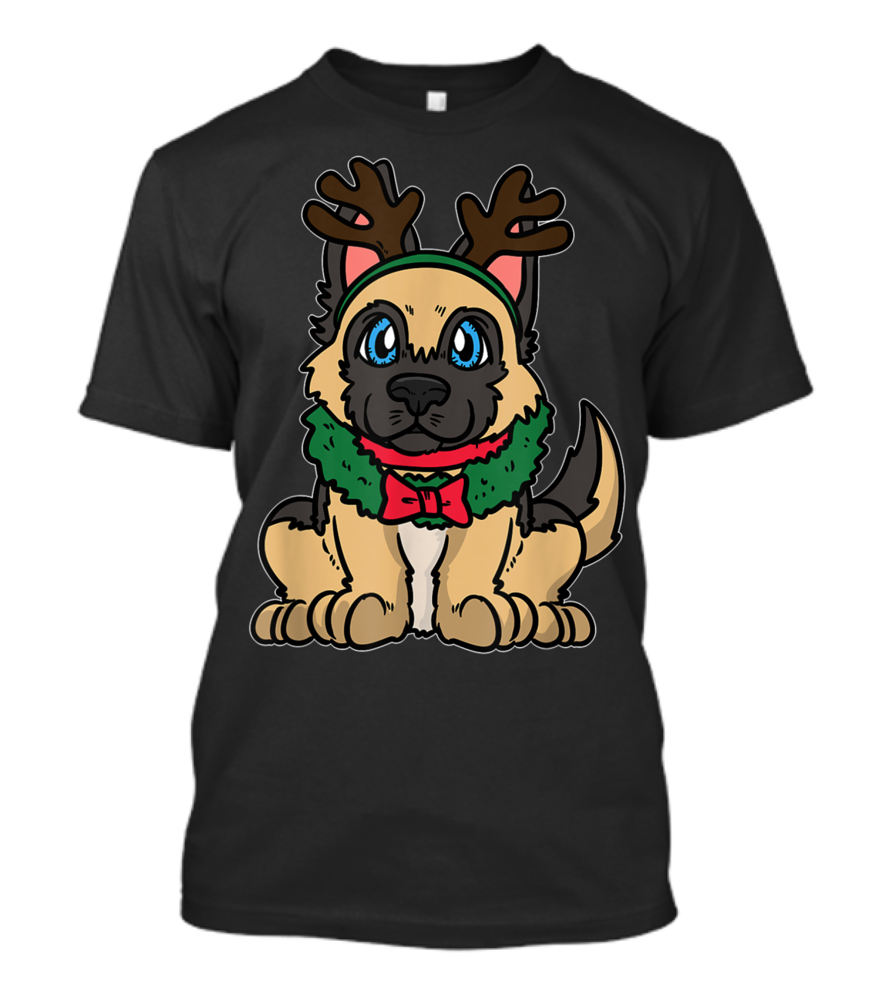 Cute Festive German Shepherd Puppy With Reindeer Antlers And Christmas Wreath T-Shirt