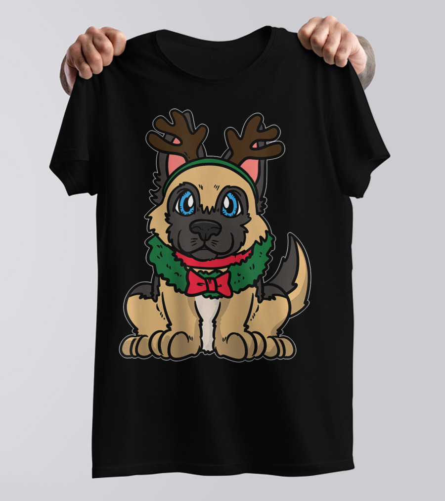 Cute Festive German Shepherd Puppy With Reindeer Antlers And Christmas Wreath T-Shirt