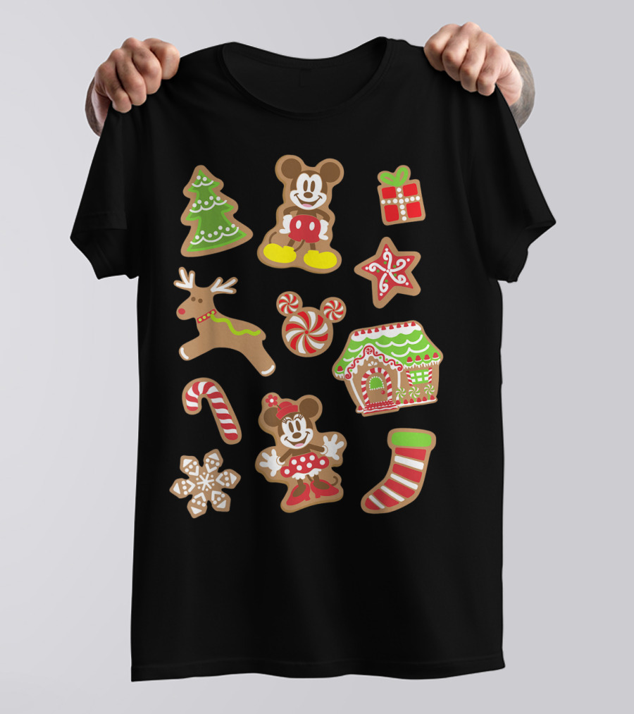 Disney Mickey And Minnie Christmas Gingerbread Cookies Holiday Tree Reindeer Candy Cane House Stocking T-Shirt