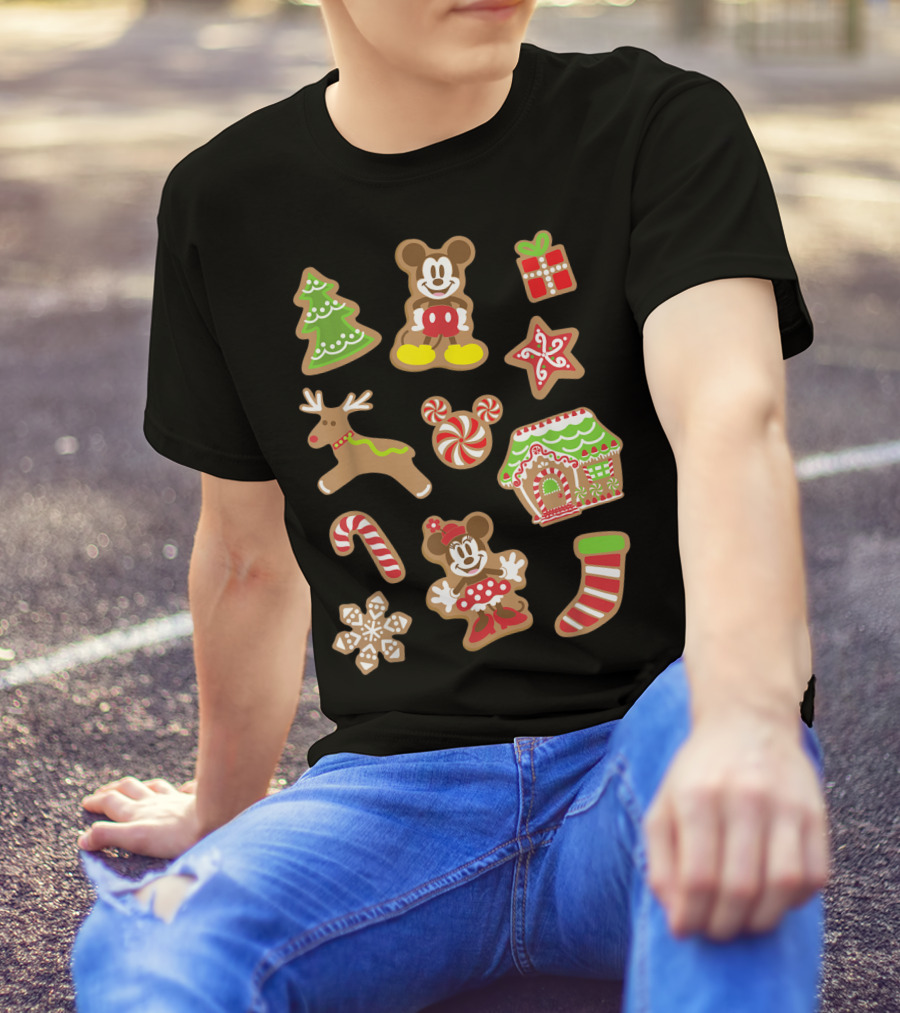 Disney Mickey And Minnie Christmas Gingerbread Cookies Holiday Tree Reindeer Candy Cane House Stocking T-Shirt