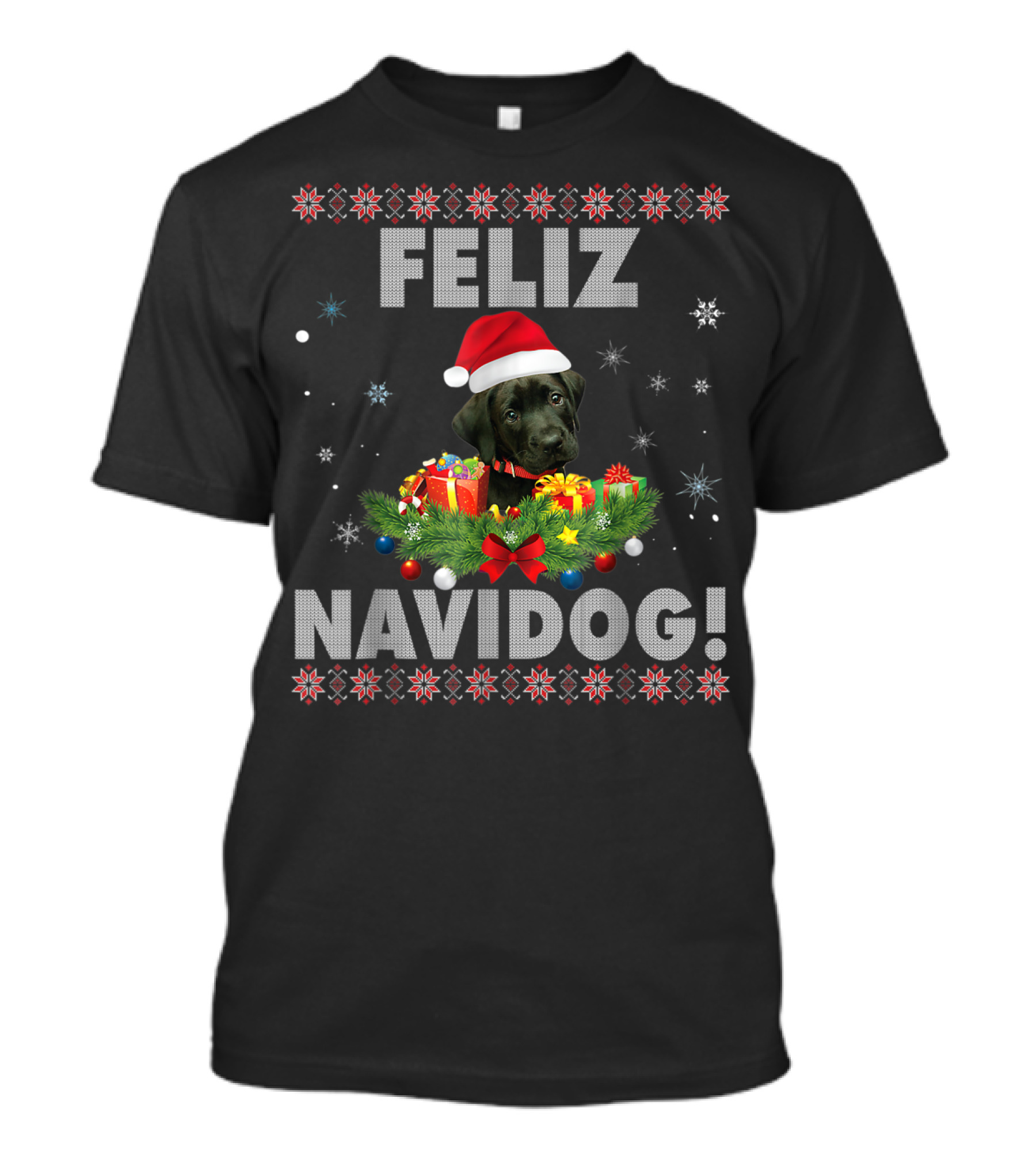 Feliz Navidog Black Labrador Santa Hat Christmas Wreath And Gifts T-Shirt