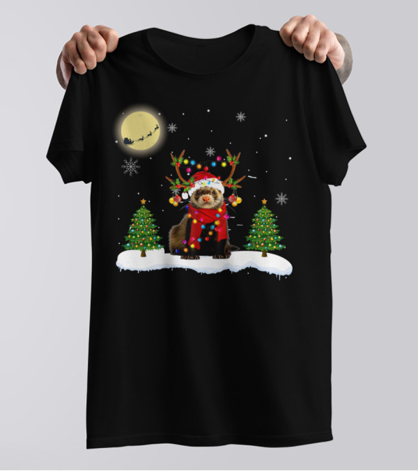 Gorgeous Christmas Light Ferret With Reindeer Antlers And Trees T-Shirt