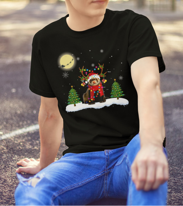 Gorgeous Christmas Light Ferret With Reindeer Antlers And Trees T-Shirt