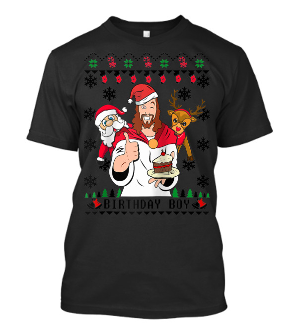 Birthday Boy Jesus Santa Claus Reindeer Christmas Cake T-Shirt
