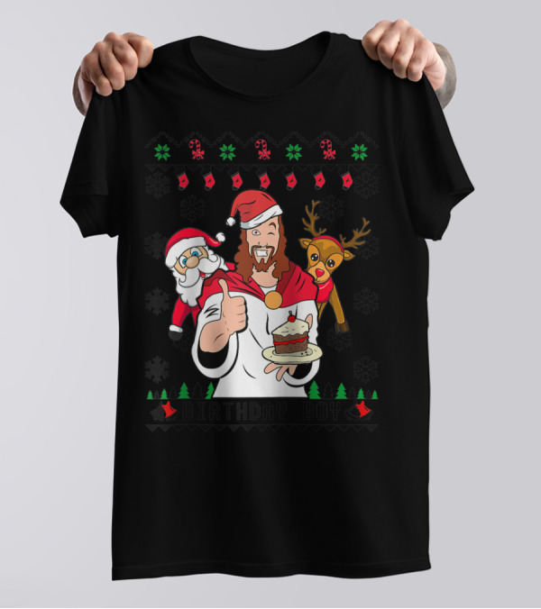 Birthday Boy Jesus Santa Claus Reindeer Christmas Cake T-Shirt
