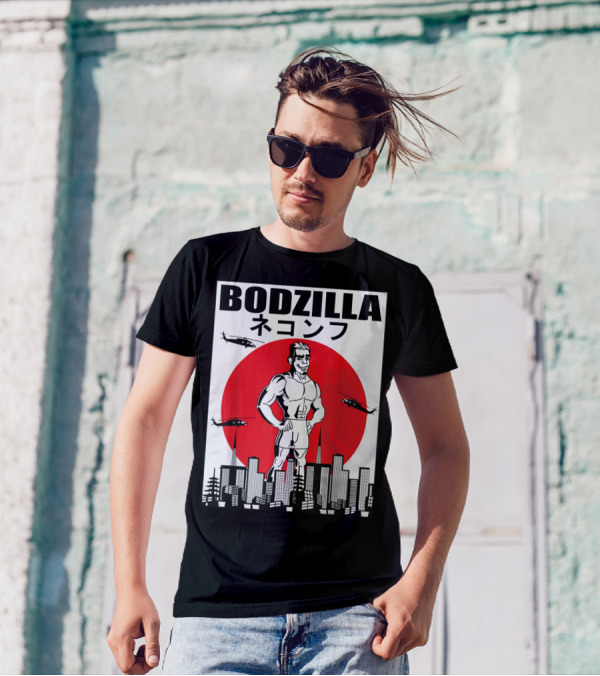 Bodzilla Muscle Building Workout With Helicopters In City Skyline T-Shirt