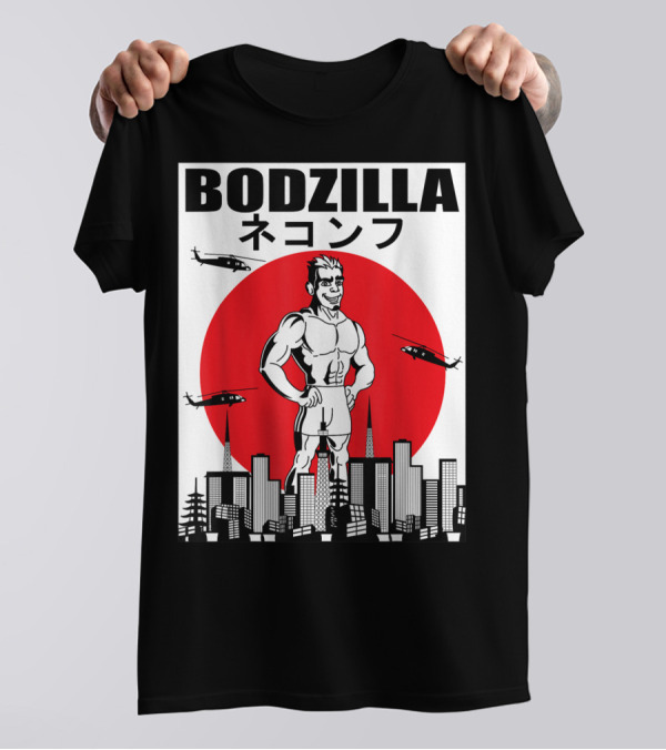 Bodzilla Muscle Building Workout With Helicopters In City Skyline T-Shirt