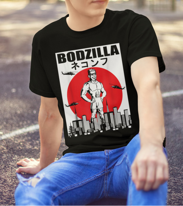 Bodzilla Muscle Building Workout With Helicopters In City Skyline T-Shirt