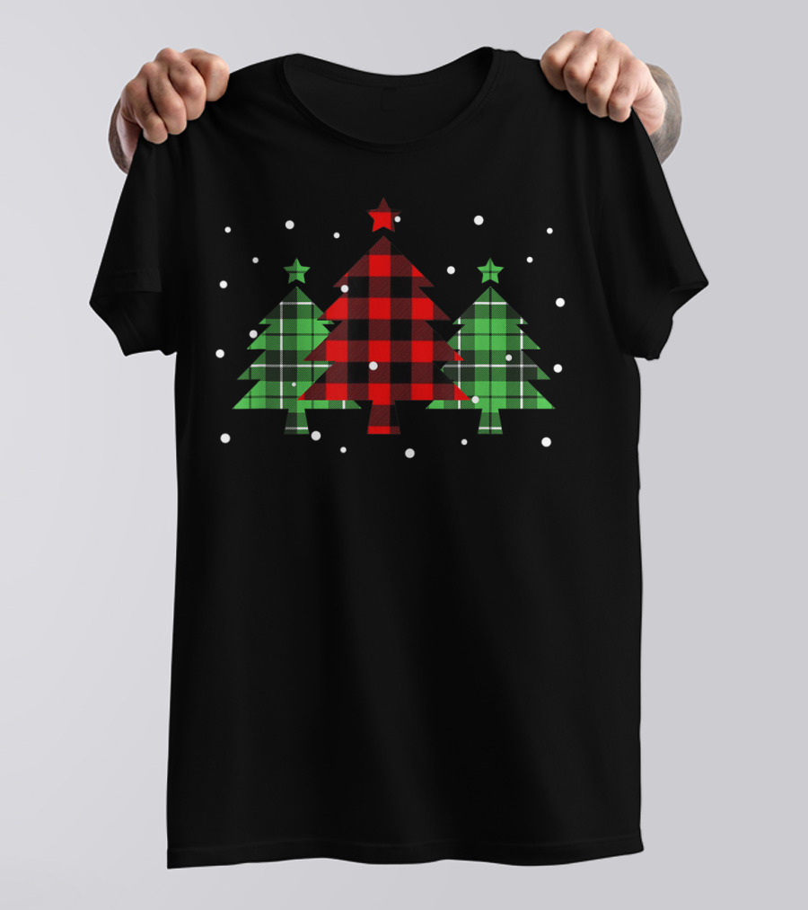 Buffalo Plaid Christmas Tree Trio With Stars And Snowflakes T-Shirt