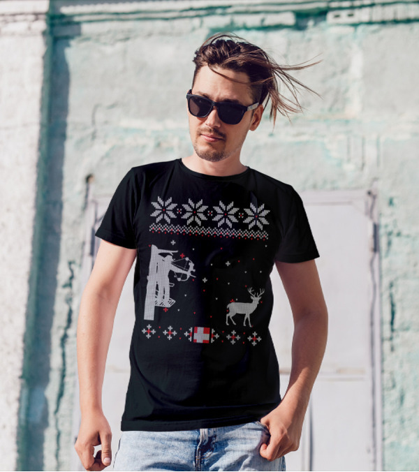 Bow Hunter Ugly Christmas Sweater Deer Crossbow Snowflake T-Shirt