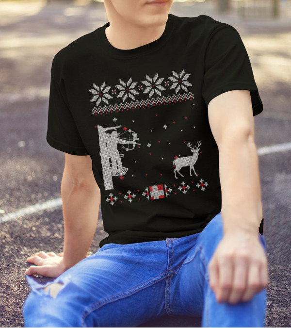 Bow Hunter Ugly Christmas Sweater Deer Crossbow Snowflake T-Shirt