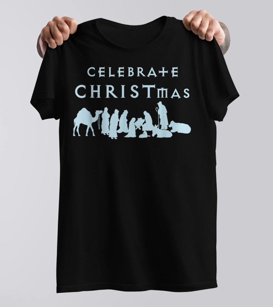 Celebrate Christmas Religious Nativity Manger Scene With Silhouettes Of Wisemen, Shepherd, And Animals T-Shirt