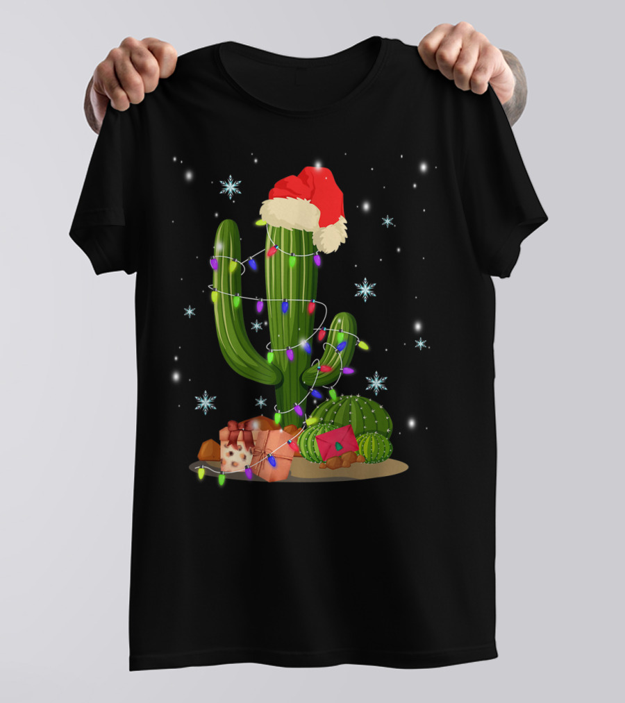 Christmas Lights Cactus Lover Funny Xmas Santa Hat Snowflakes T-Shirt